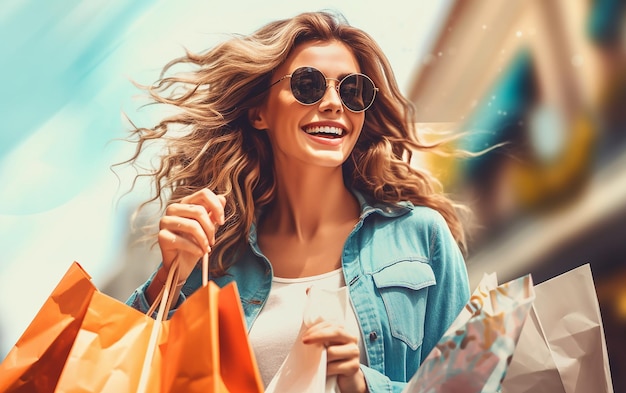 Foto di ragazze dello shopping felici ed emozionate con borse colorate