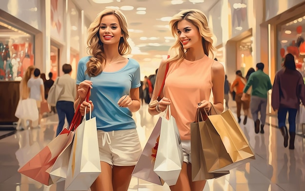 Foto di ragazze dello shopping felici ed emozionate con borse colorate
