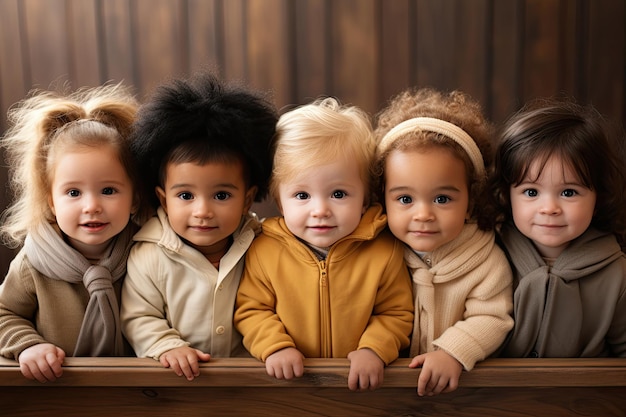 foto di ragazzini in fila che sorridono e indossano abiti dai colori naturali