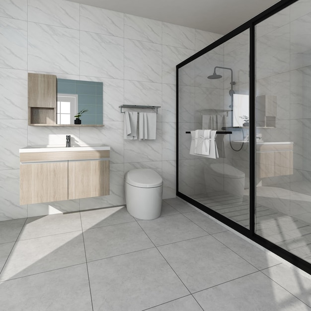 Foto di rendering 3d dell'interno del bagno