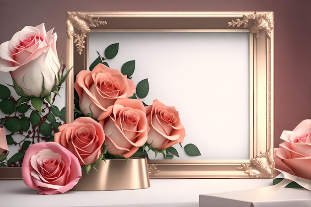 Foto di rose rosa accanto a una cornice dorata