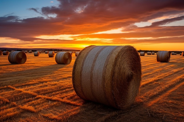 Foto di rotoli di paglia in campo al tramonto