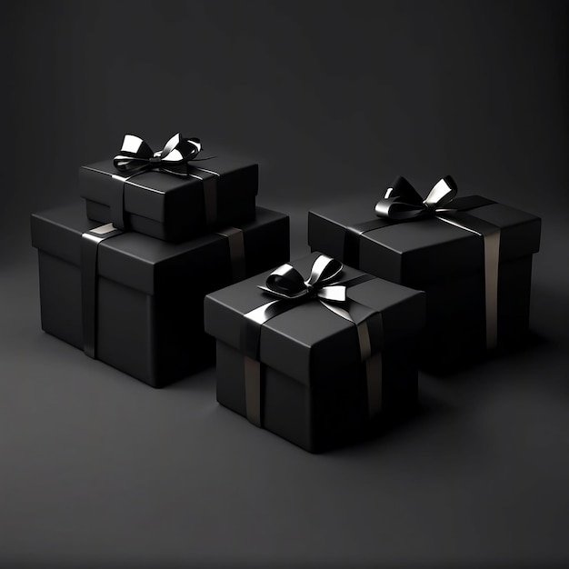 Foto di scatole regalo 3d nere posizionate su sfondo scuro generate da AI black friday AI generativa