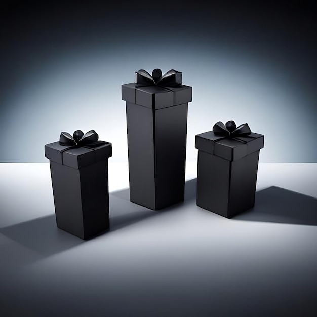 Foto di scatole regalo 3d nere posizionate su sfondo scuro generate da AI black friday AI generativa