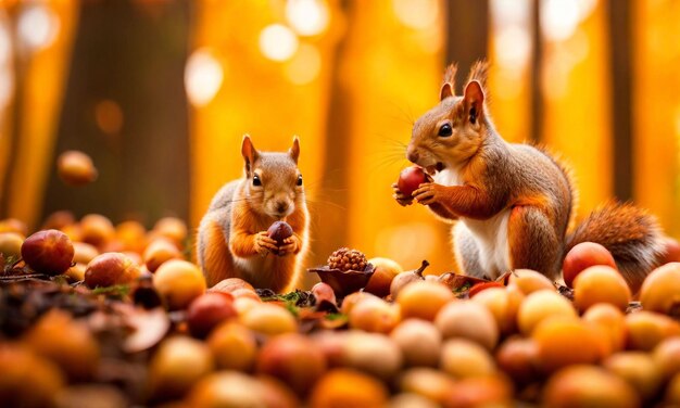 Foto di scoiattoli che raccolgono ghiande in una foresta autunnale