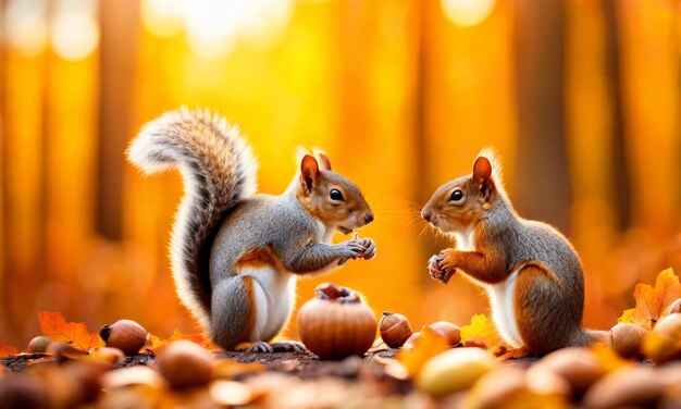 Foto di scoiattoli che raccolgono ghiande in una foresta autunnale