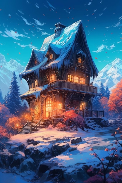 Foto di scorta dell'illustrazione anime di una casa con la neve sul tetto