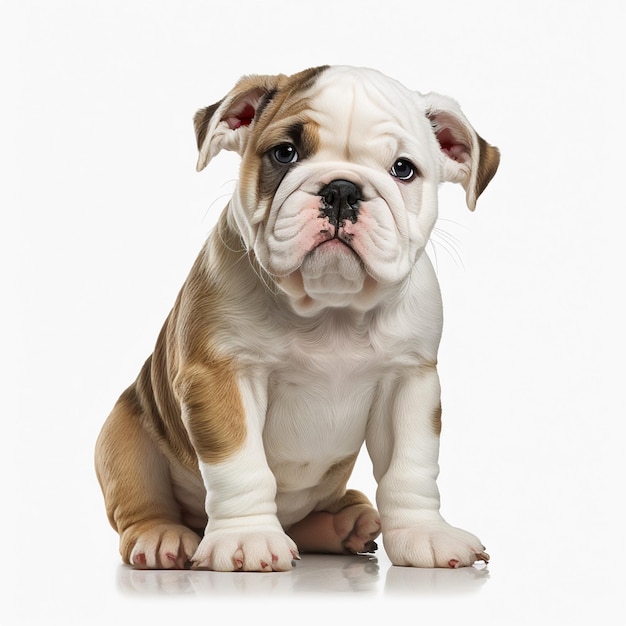 Foto di seduta del cucciolo del bulldog inglese