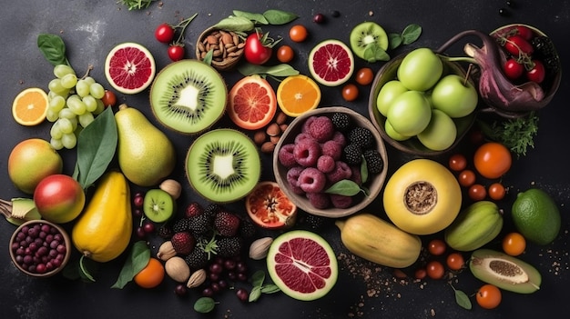 Foto di semi di verdure e frutta su tavolo grigio