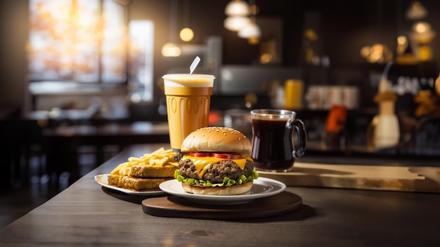 Foto di servire deliziosi hamburger di carne con pane caldo e bevande