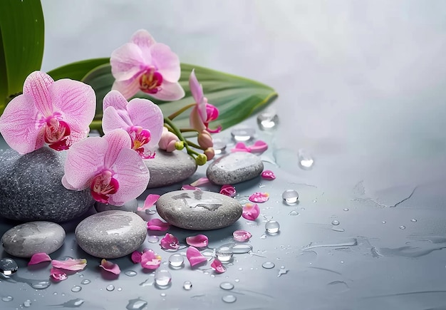 Foto di sfondo di aromaterapia spa con uno spazio e orchidee pietre zen prodotti cosmetici