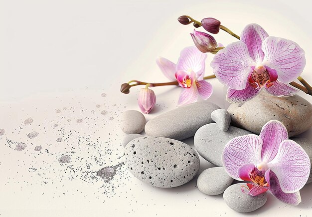 Foto di sfondo di aromaterapia spa con uno spazio e orchidee pietre zen prodotti cosmetici