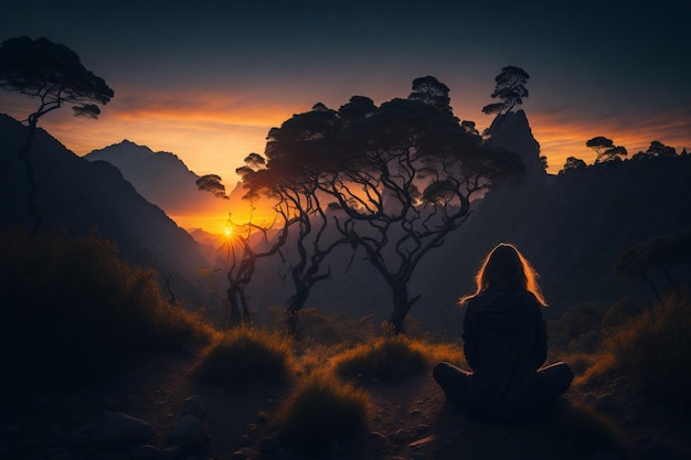 Foto di sfondo di una donna contemplativa al tramonto