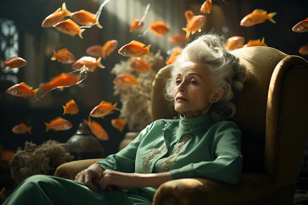 Foto di stile di moda bella e bella donna anziana in sedia