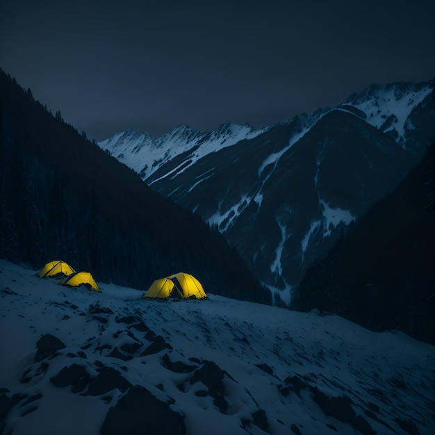 Foto di tende gialle sulla cima di una montagna innevata
