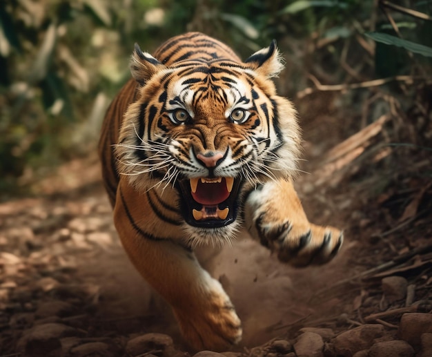 Foto di tigre che corre in azione sull'erba del campo fotografia naturalistica