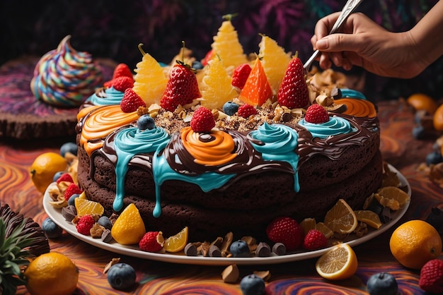 Foto di torta al cioccolato con ricciolo di cioccolato su sfondo di legno