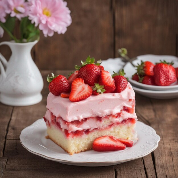 Foto di torta di fragole su uno sfondo di tavolo di legno