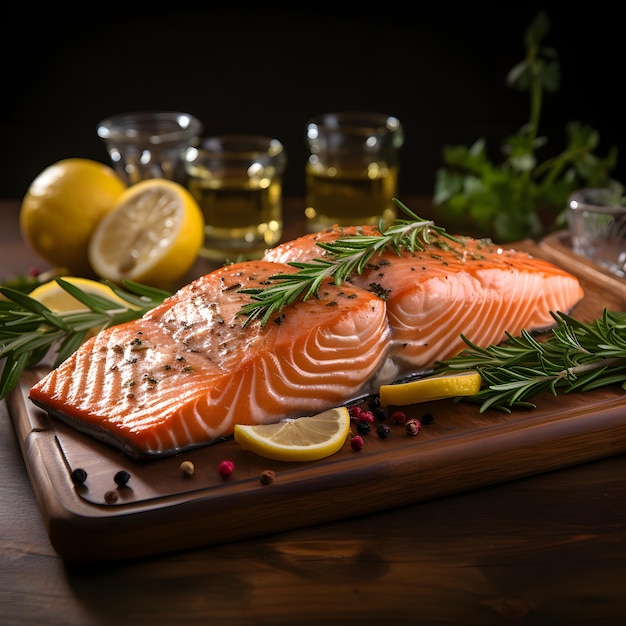 Foto di trancio di salmone con rosmarino sul piatto