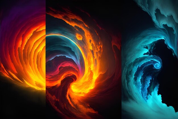 Foto di tre dipinti colorati sulle onde che catturano il movimento e l'energia dell'oceano