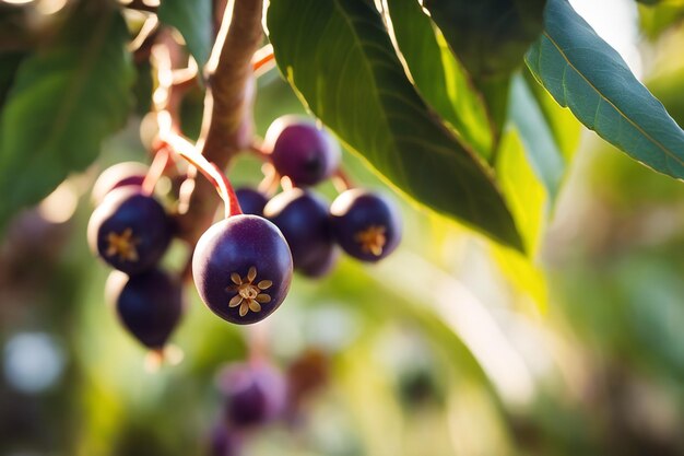 foto di un Acai attaccato a un ramo d'albero con uno sfondo sfocato