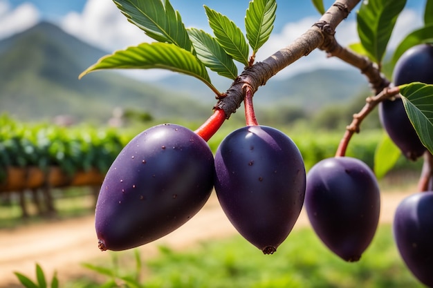 foto di un Acai attaccato a un ramo d'albero con uno sfondo sfocato