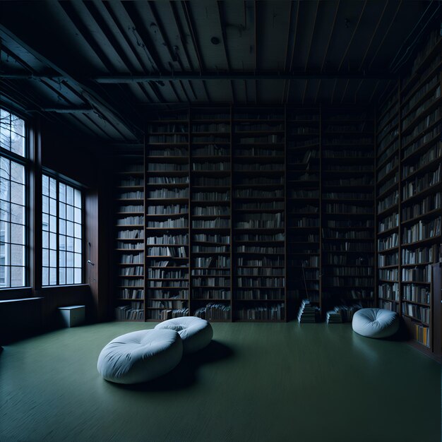 Foto di un accogliente angolo di lettura circondato da scaffali di libri e cuscini di peluche AI