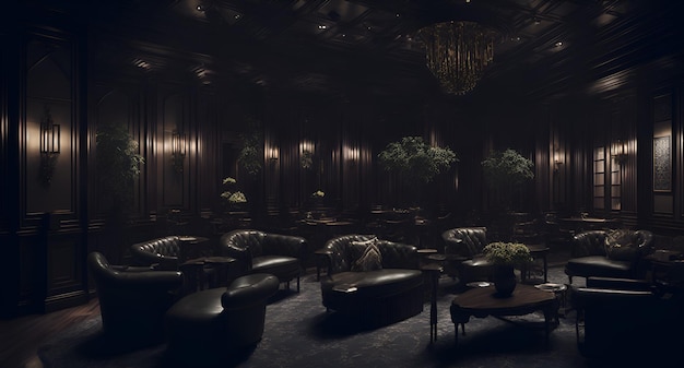 Foto di un'accogliente area lounge con luci soffuse e lussuosi divani in pelle