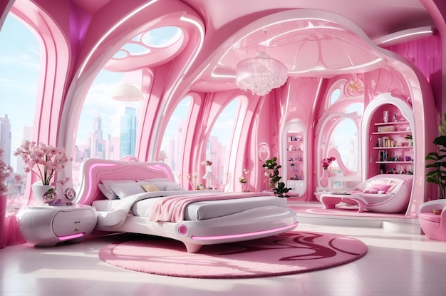 Foto di un'accogliente camera da letto con pareti e mobili rosa