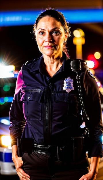foto di un agente di polizia di mezza età in piedi davanti a un'auto di polizia di notte con la luce posteriore generativa AI