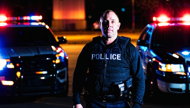 foto di un agente di polizia di mezza età in piedi davanti a un'auto di polizia di notte con la luce posteriore generativa AI