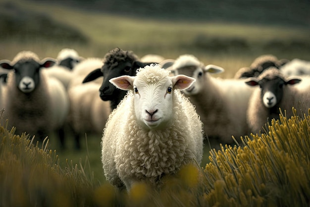 Foto di un agnello al pascolo nell'erba con un gregge di pecore sullo sfondo a distanza ravvicinata