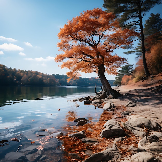 foto di un albero in splendidi colori autunnali albero in piedi di fronte a un lago foglie autunnali colorate