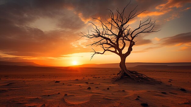 Foto di un albero nel deserto con il sole che tramonta dietro di esso