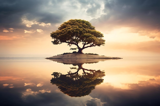 Foto di un albero riflesso su uno sfondo naturale di uno stagno calmo