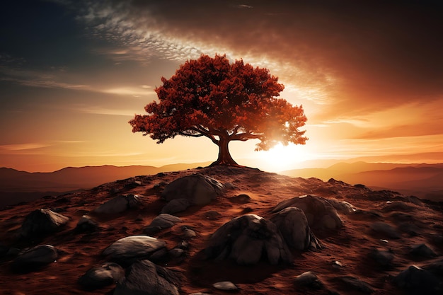 Foto di un albero solitario su una collina sullo sfondo della natura al tramonto