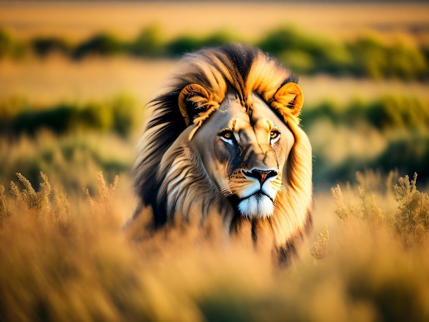 Foto di un animale leone selvatico con una fotocamera DSLR in piedi di fronte a una giungla nel campo