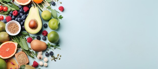 Foto di un assortimento colorato di frutta e verdura su uno sfondo blu vibrante con spazio per la copia