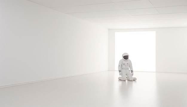 Foto di un astronauta che galleggia in una stanza vuota, una stanza bianca molto moderna e minimale.