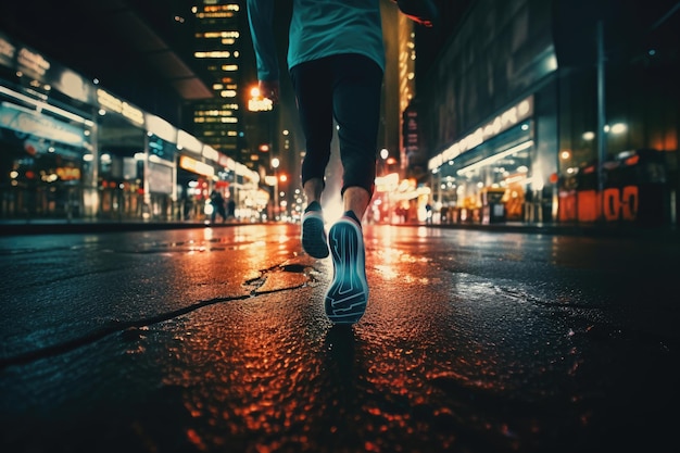 Foto di un atleta che fa jogging davanti a luci bokeh di notte in città IA generativa
