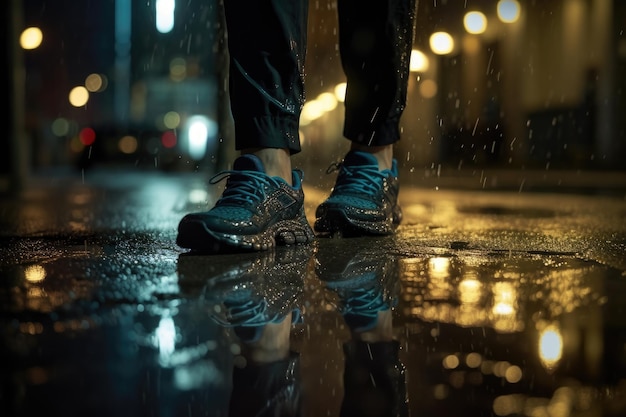 Foto di un atleta che fa jogging davanti a luci bokeh di notte in città IA generativa