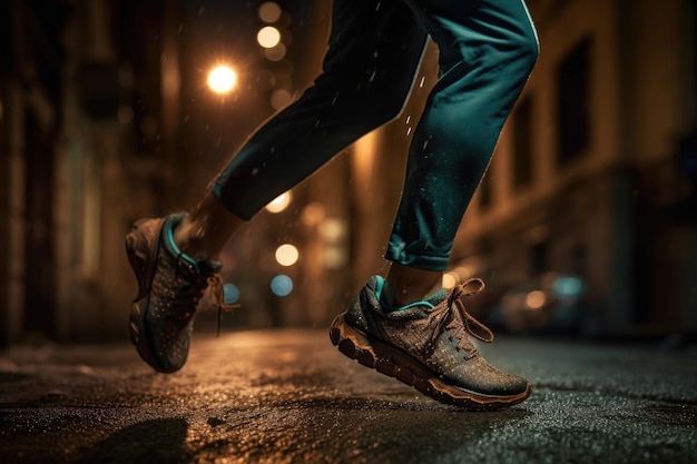 Foto di un atleta che fa jogging davanti a luci bokeh di notte in città IA generativa