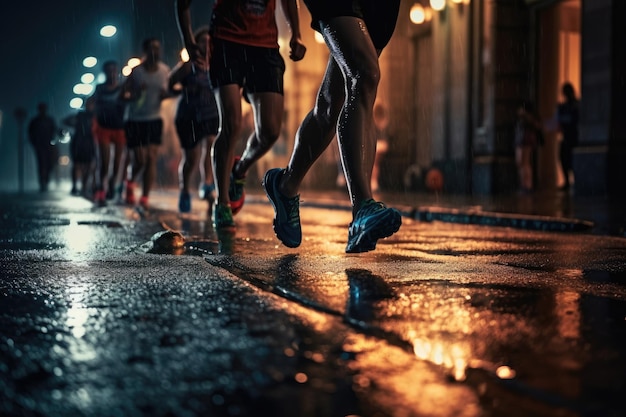 Foto di un atleta che fa jogging davanti a luci bokeh di notte in città IA generativa