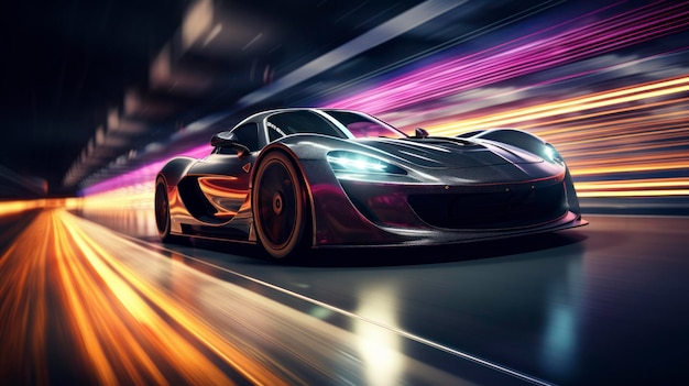 Foto di un'auto sportiva che accelera su un'autostrada al neon Potente accelerazione di una supercar su una pista notturna con luci e piste Luci dell'auto di notte con esposizione lunga