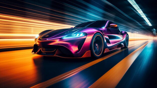 Foto di un'auto sportiva che accelera su un'autostrada al neon Potente accelerazione di una supercar su una pista notturna con luci e piste Luci dell'auto di notte con esposizione lunga