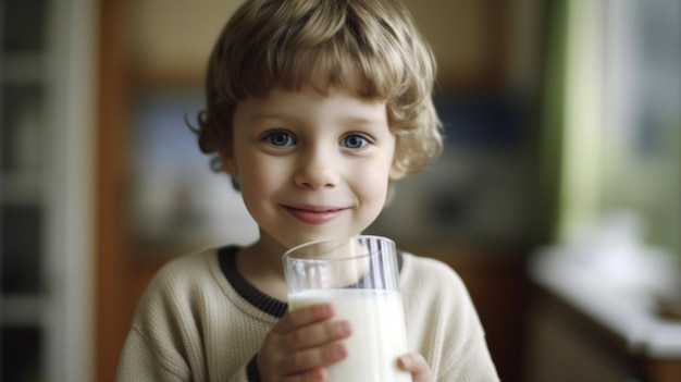 Foto di un bambino carino che beve latte