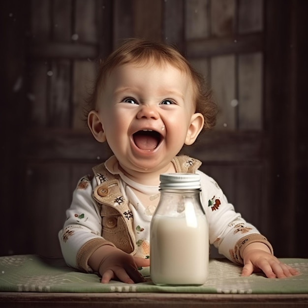 Foto di un bambino carino che beve latte