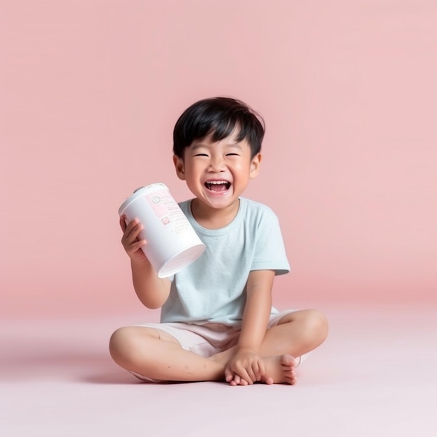 Foto di un bambino carino che beve latte