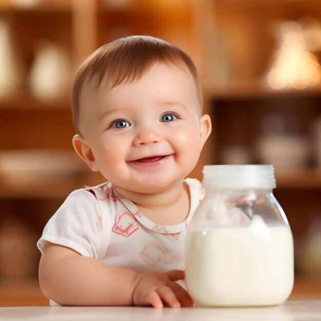 Foto di un bambino carino che beve latte