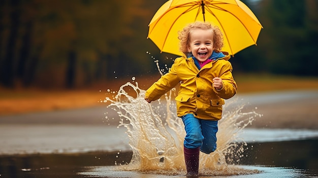 Foto di un bambino carino che gioca nell'acqua fangosa piovosa con un ombrello giallo